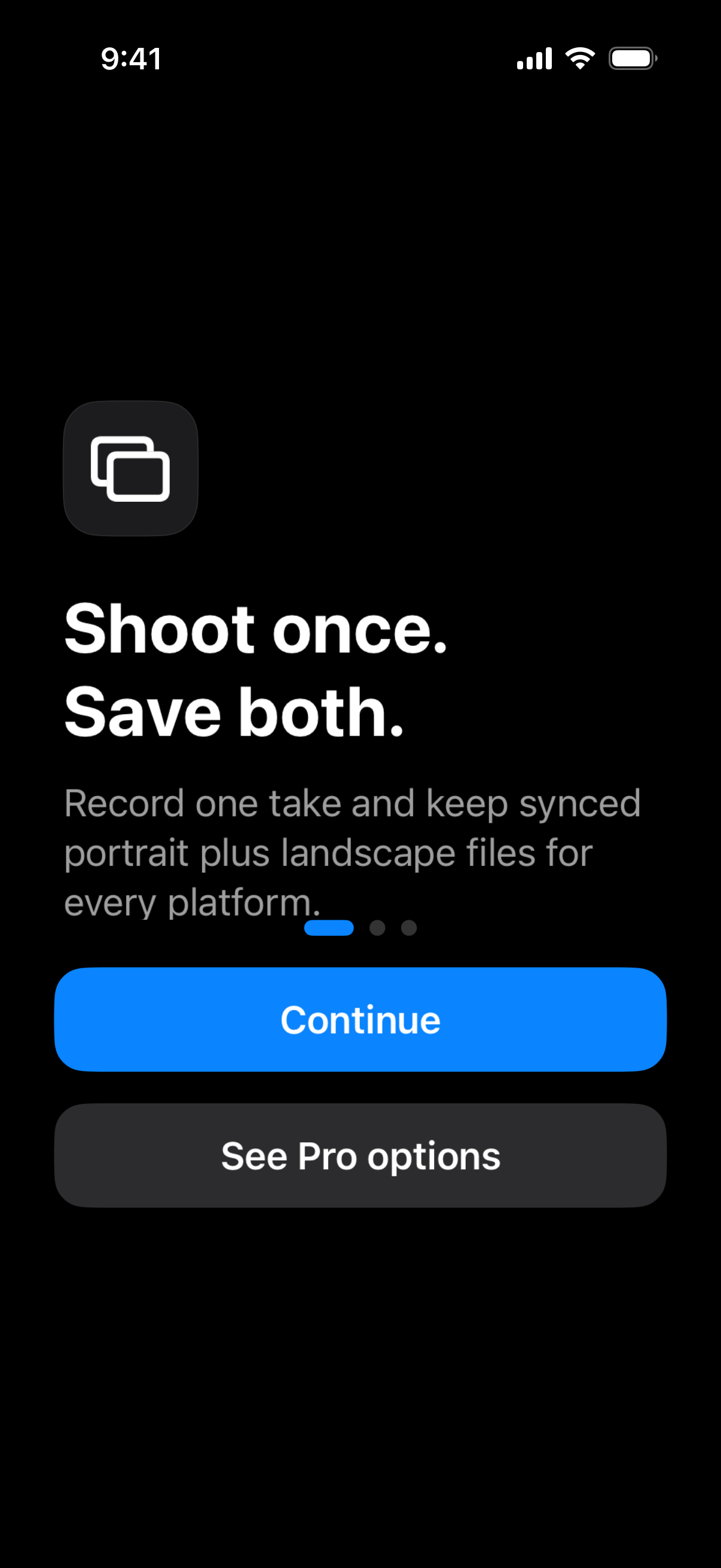 PostReady onboarding screen showing shoot once and save both formats